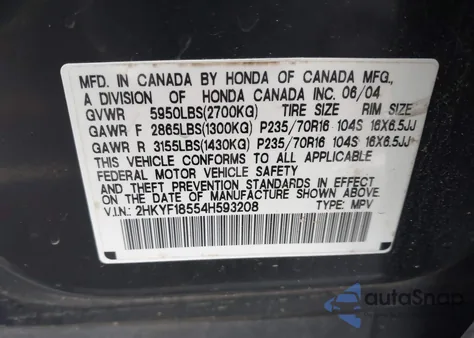 2004 Honda Pilot Ex-L из США, поврежденный, VIN 2HKYF18554H593208